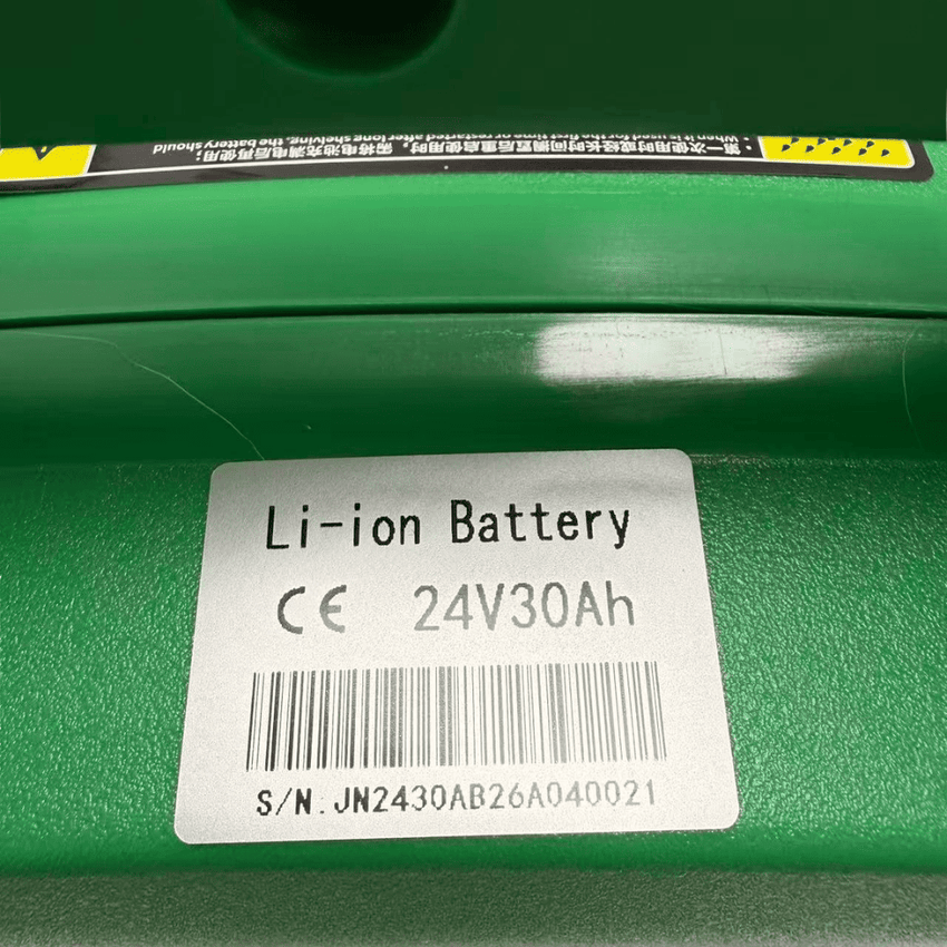 Close up label of Raelon 24V 30Ah lithium ion battery for SL15L3 electric pallet jack