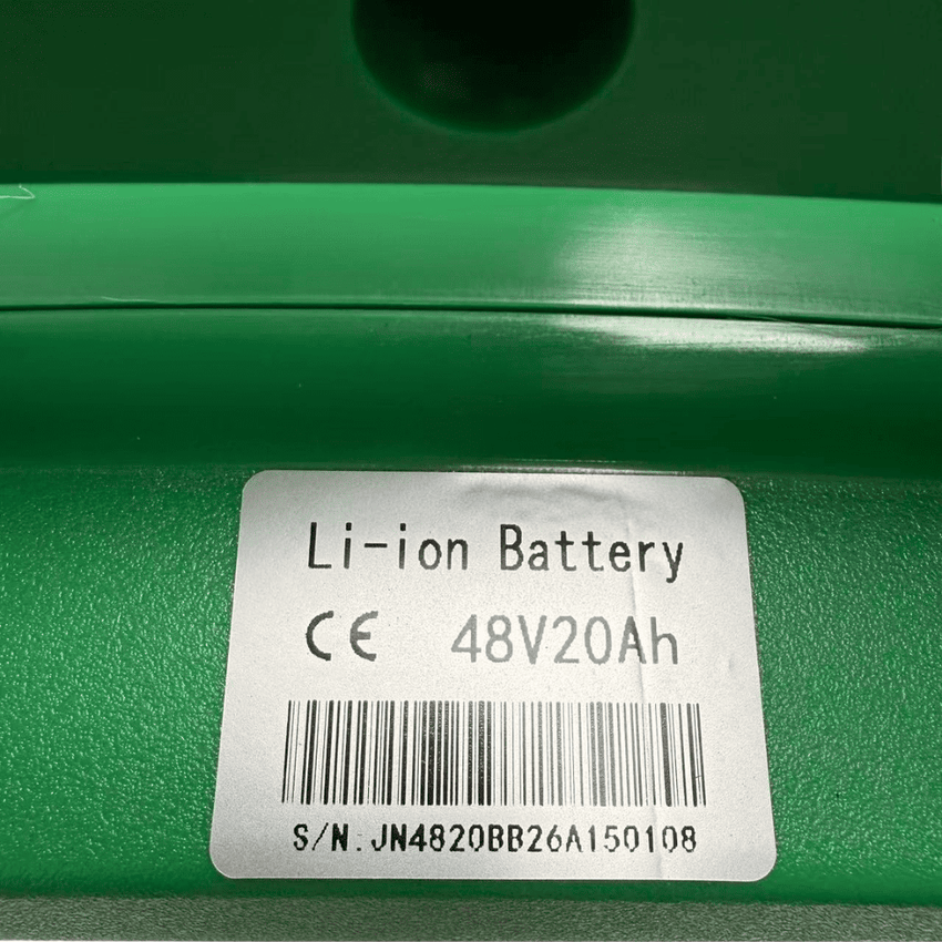 Raelon 48V 20Ah lithium ion battery label specifications close up