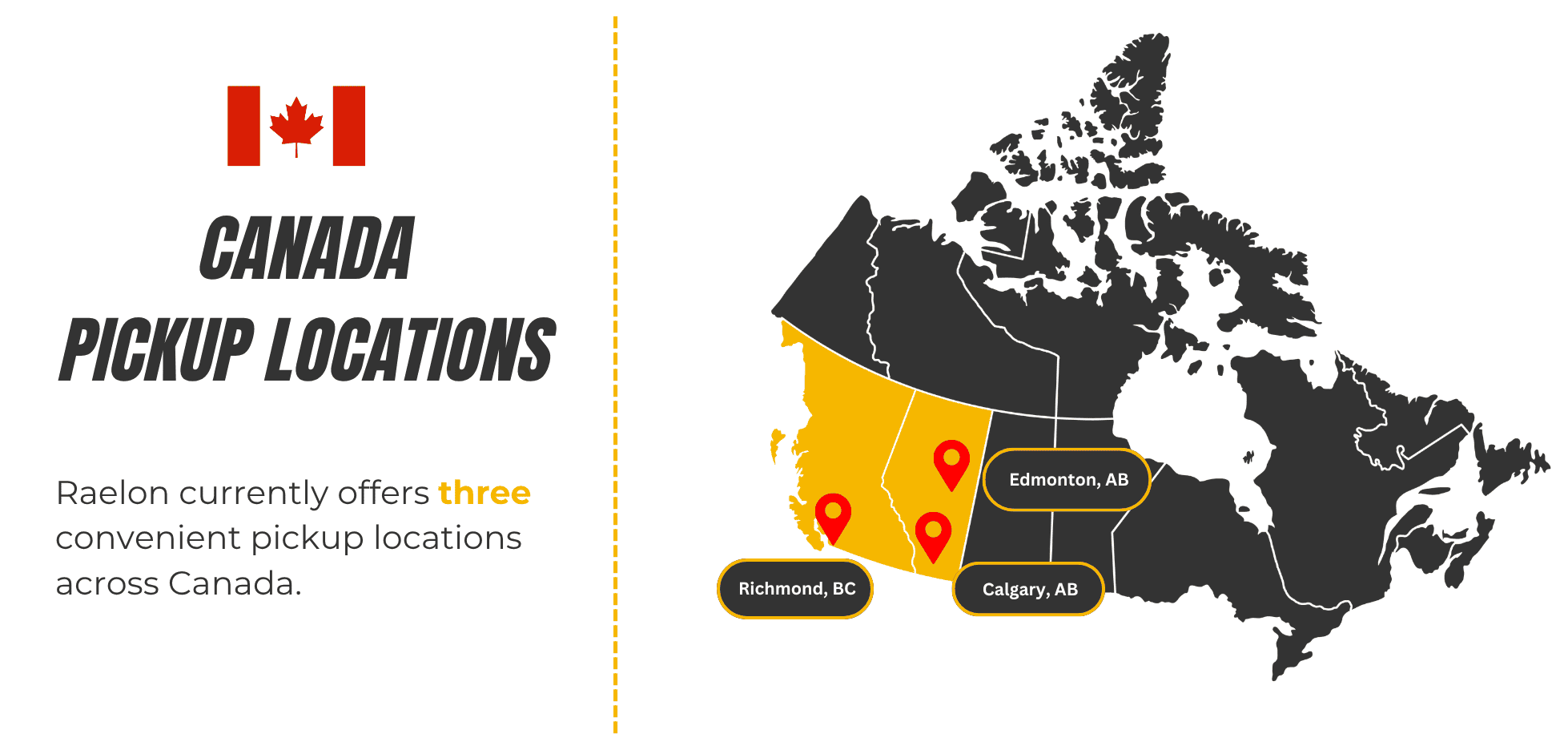 Raelon Canada pickup locations map showing Richmond, Calgary, and Edmonton