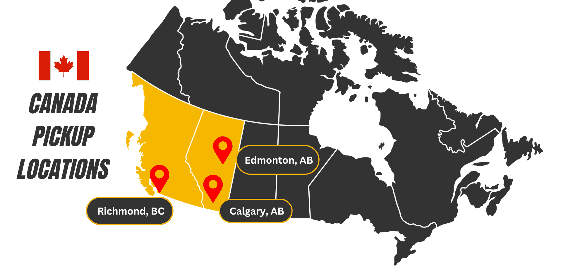 Raelon Canada pickup locations map showing Richmond, Calgary, and Edmonton