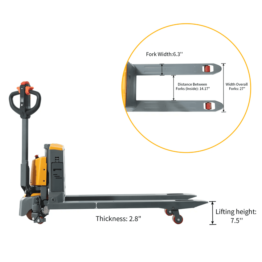 Raelon 3300lbs lithium pallet jack CBD15W-II with measurements on a white background