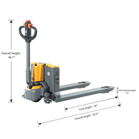Raelon 3300lbs lithium pallet jack CBD15W-II with dimensions labeled on a white background