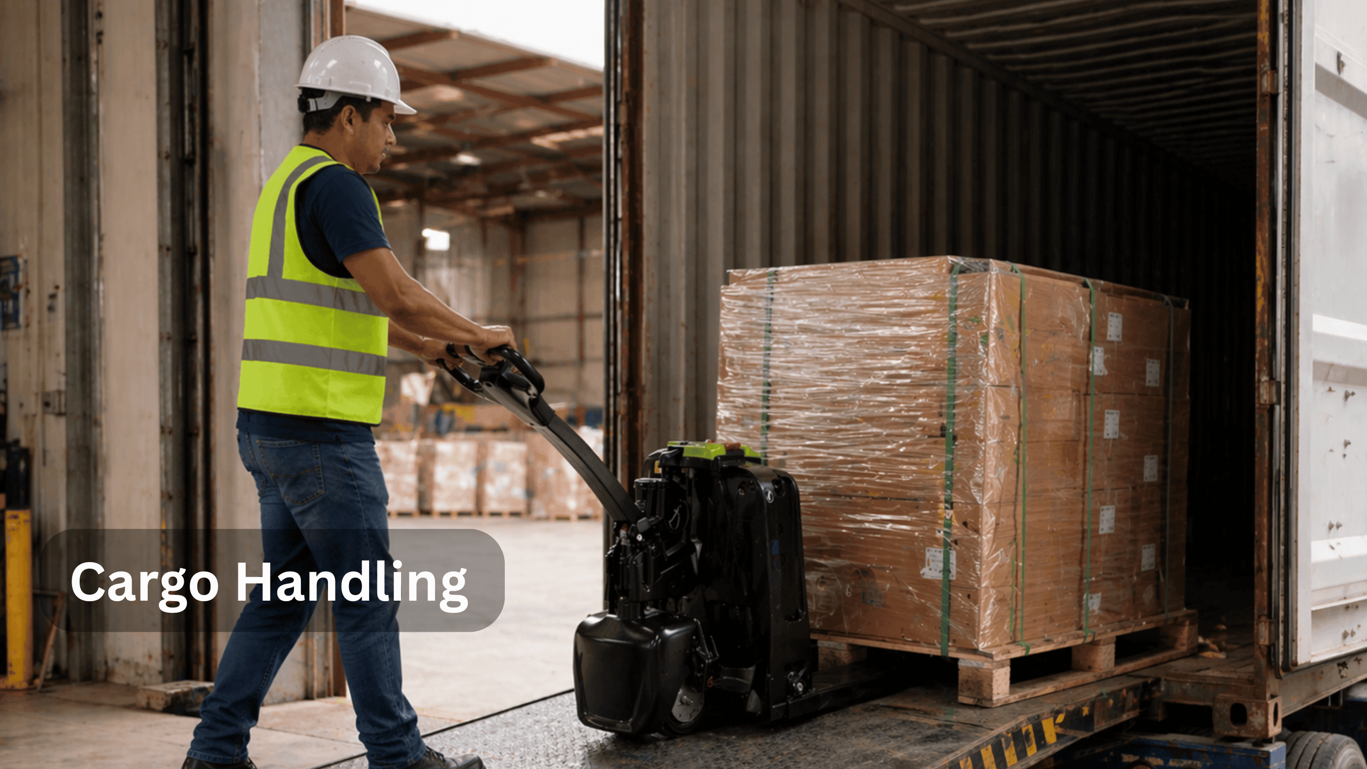 Raelon electric pallet jack F4-201 loading cargo into truck for logistics and delivery