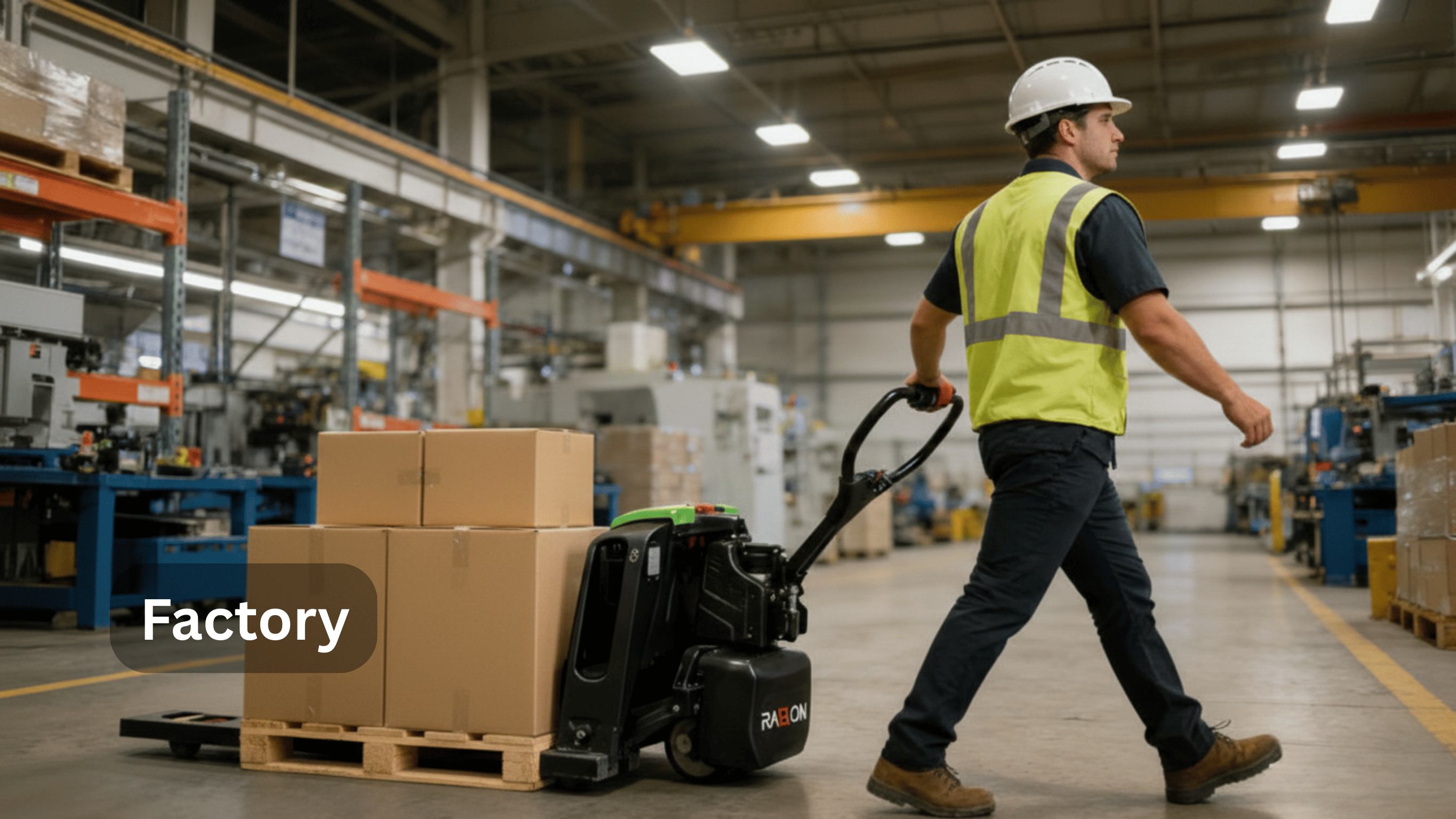 Raelon electric pallet jack F4 transporting pallet loads in factory environment