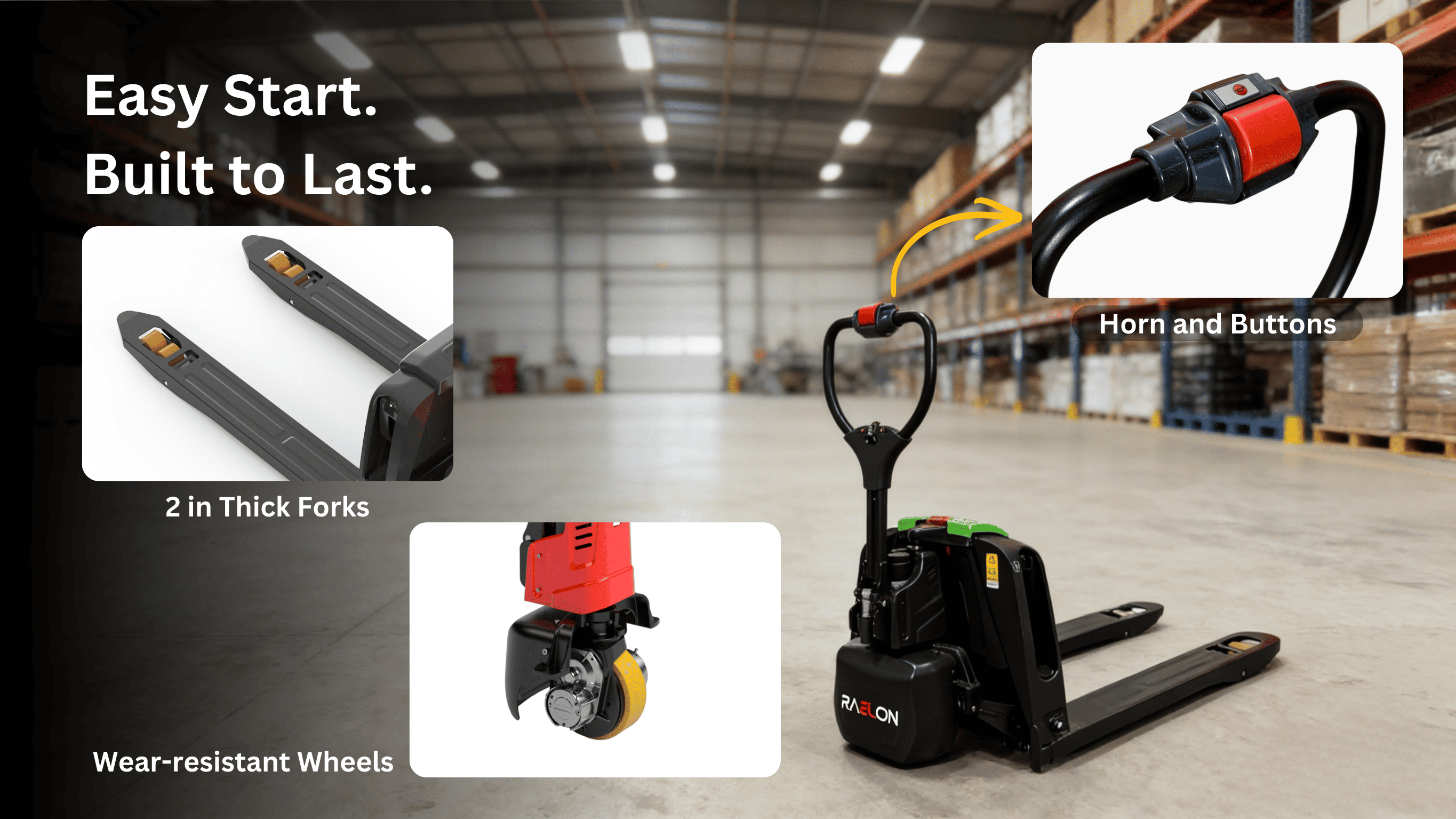 Raelon electric pallet jack F4 with heavy duty forks wear resistant wheels and durable design