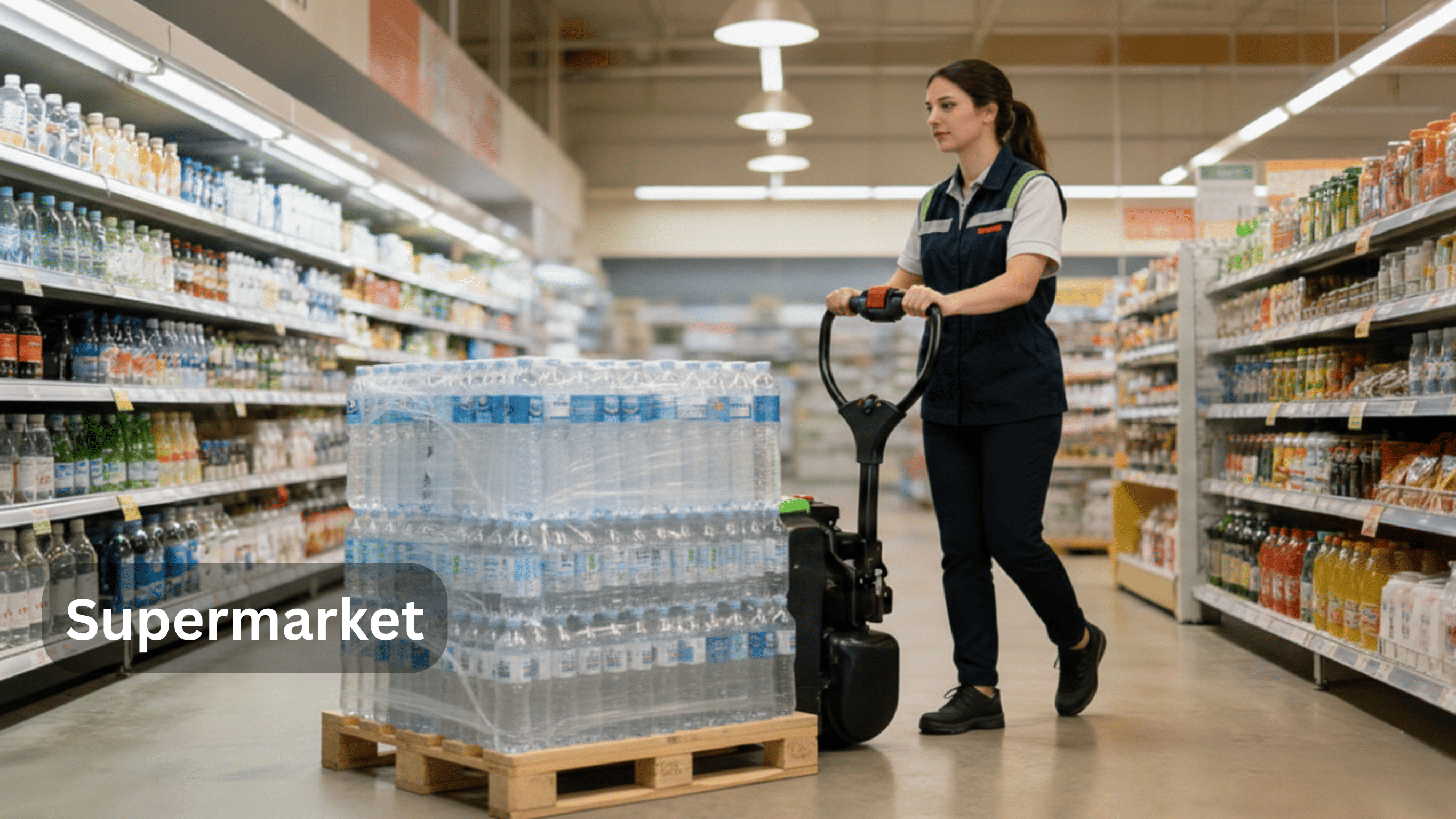 Raelon electric pallet jack F4 used in supermarket restocking and inventory movement