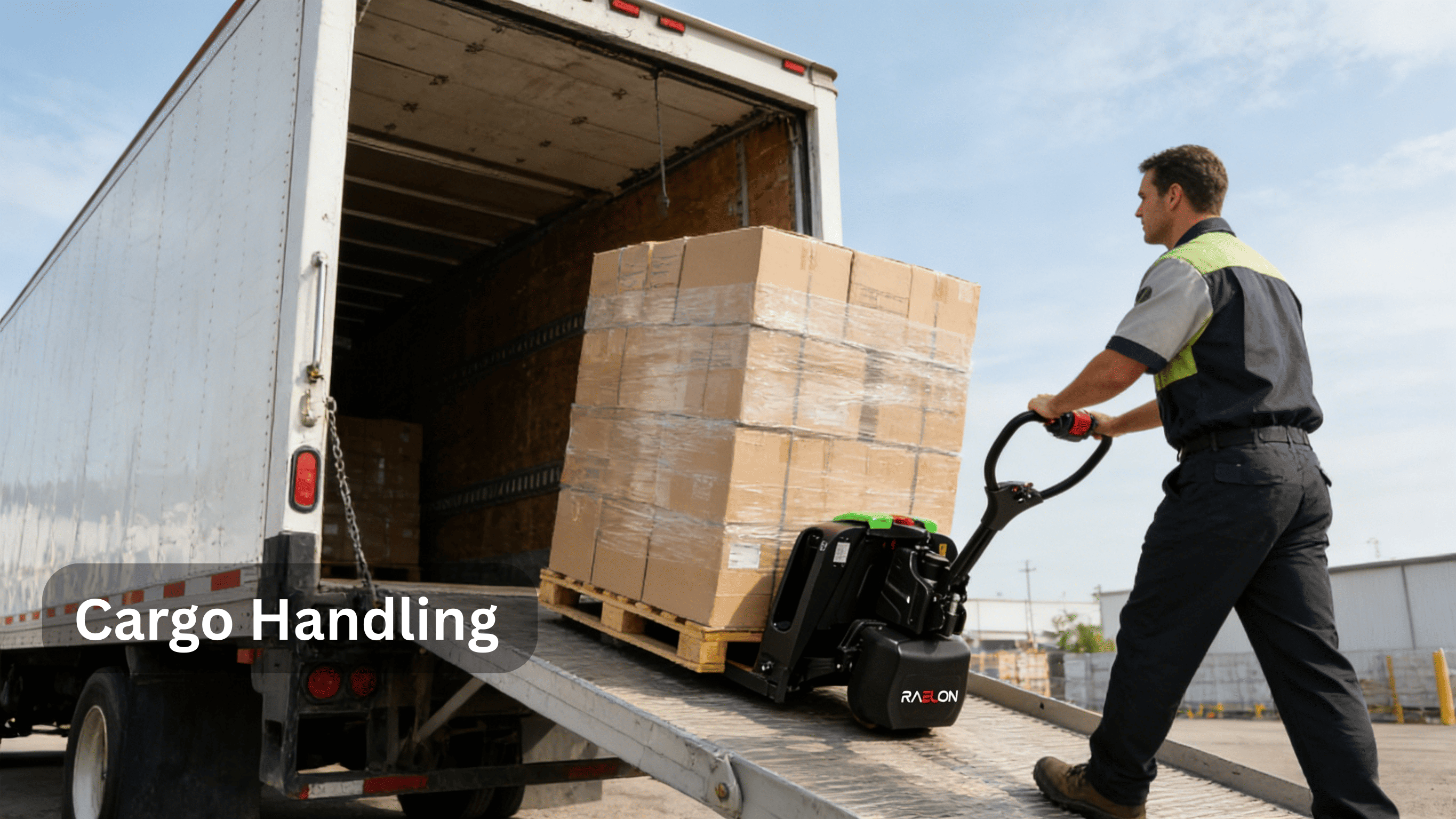 Raelon electric pallet jack F4 loading cargo into truck for logistics and delivery