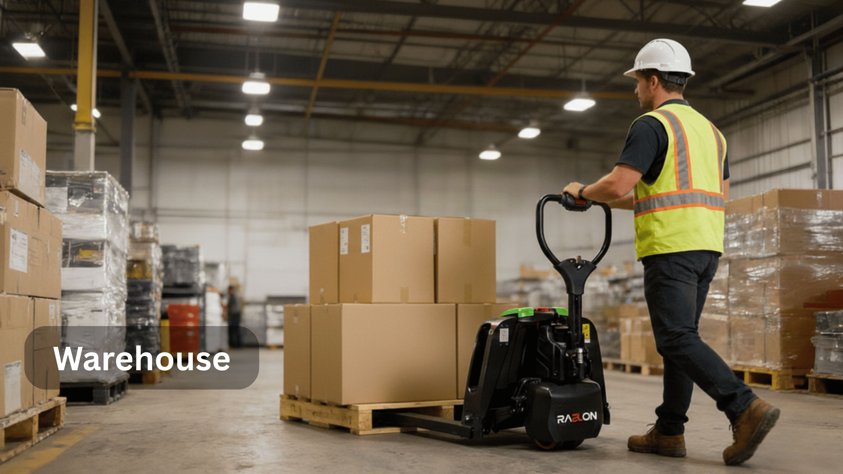 Raelon electric pallet jack F4 used in warehouse material handling for pallet movement