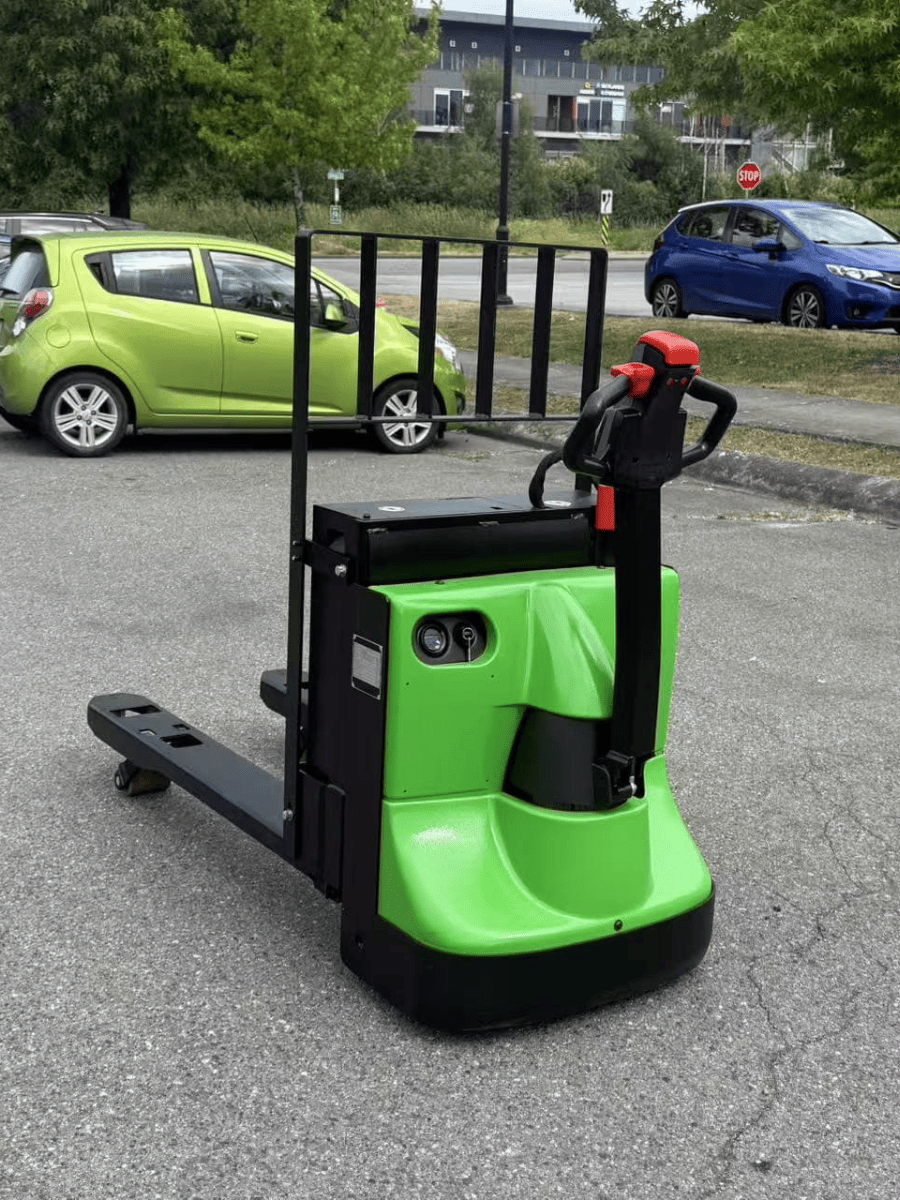 Raelon EPT25-WA electric pallet jack outdoor angle view with 48 inch forks and load backrest