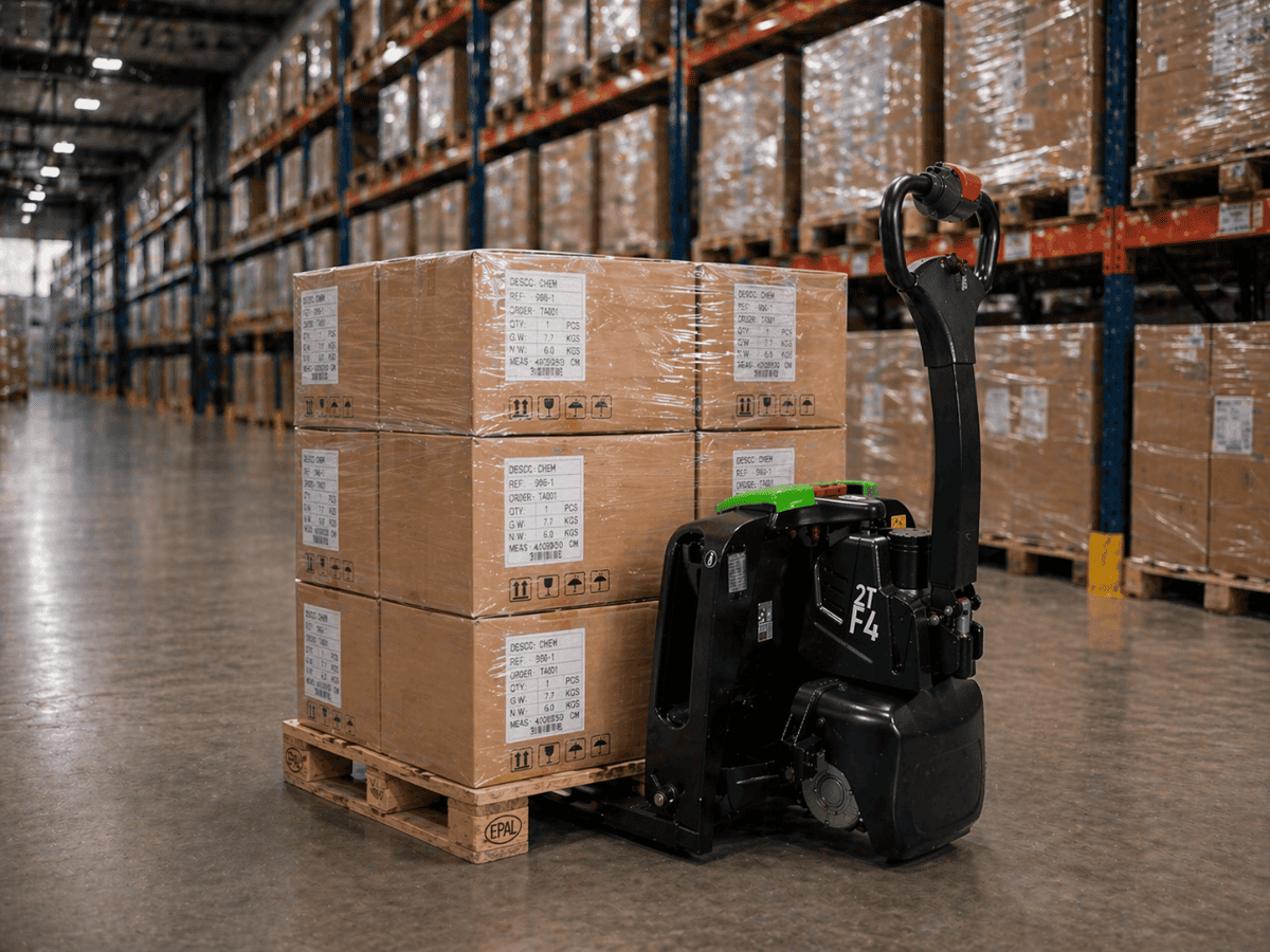Raelon F4-201 4400lbs electric pallet jack moving pallet loads in a warehouse aisle