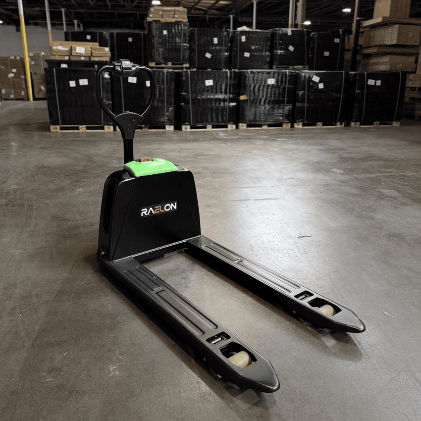 Raelon F4 3300 lb lithium electric pallet jack front view in a warehouse