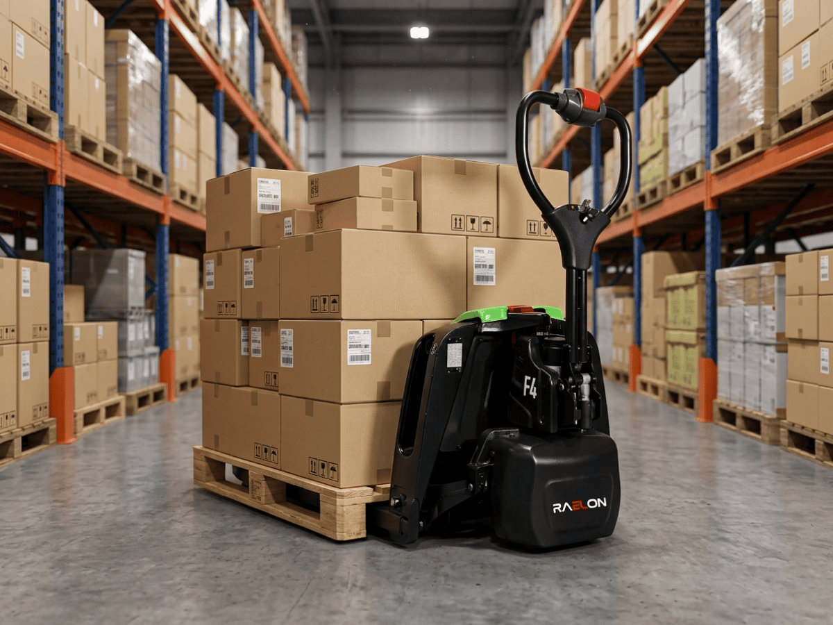 Raelon F4 Transpaleta eléctrica de 3300 lb diseñada para el movimiento diario de palets y la manipulación en almacenes