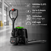 Raelon F4 3300lbs electric pallet jack performance highlights including 5 hour runtime, 7.5 inch lift height, and 2.67 mph loaded speed