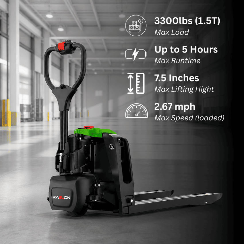 Raelon F4 3300lbs electric pallet jack performance highlights including 5 hour runtime, 7.5 inch lift height, and 2.67 mph loaded speed