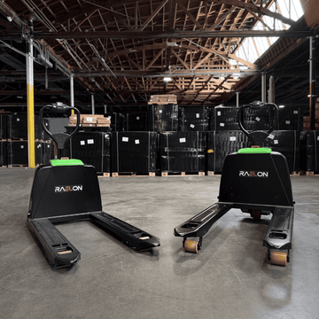 Raelon F4 and F4-201 electric pallet jacks in a warehouse