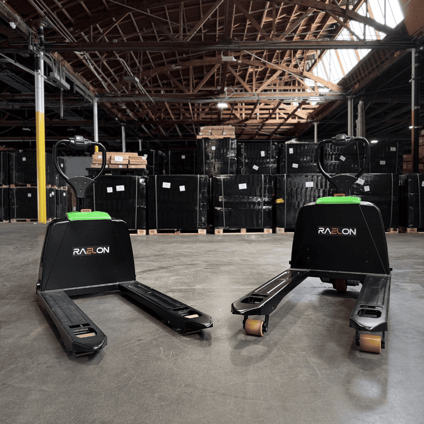 Raelon F4 and F4 201 electric pallet jacks displayed in a warehouse