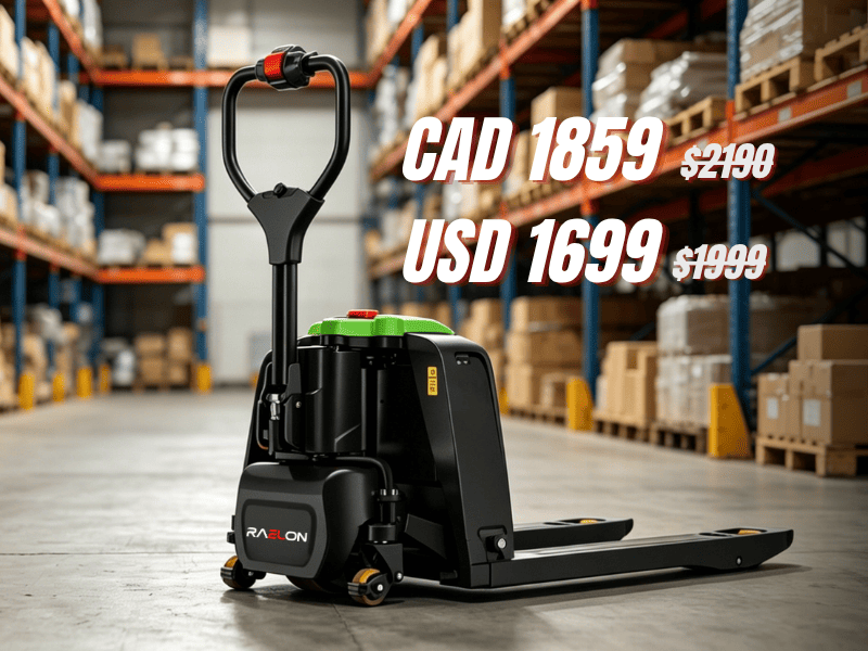 Raelon mobile homepage banner featuring the best selling F4 electric pallet jack with 15 percent off and 1 year warranty for the U.S. and Canada