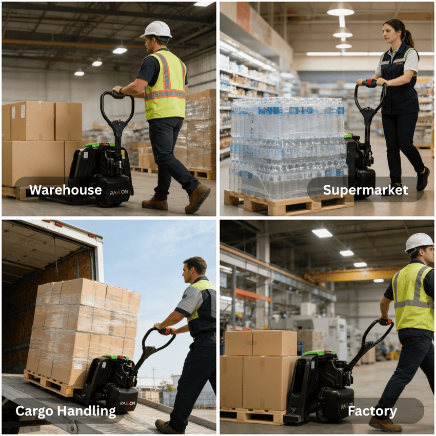 Raelon F4 3300lbs lithium-ion electric pallet jack application scenes for warehouse, supermarket, cargo handling, and factory use