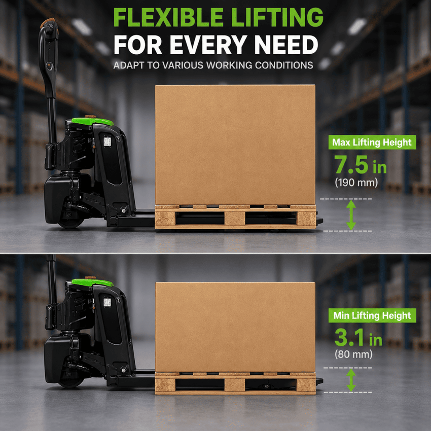Raelon F4 electric pallet jack lifting height range showing 7.5 inch maximum lift height and 3.1 inch minimum fork height