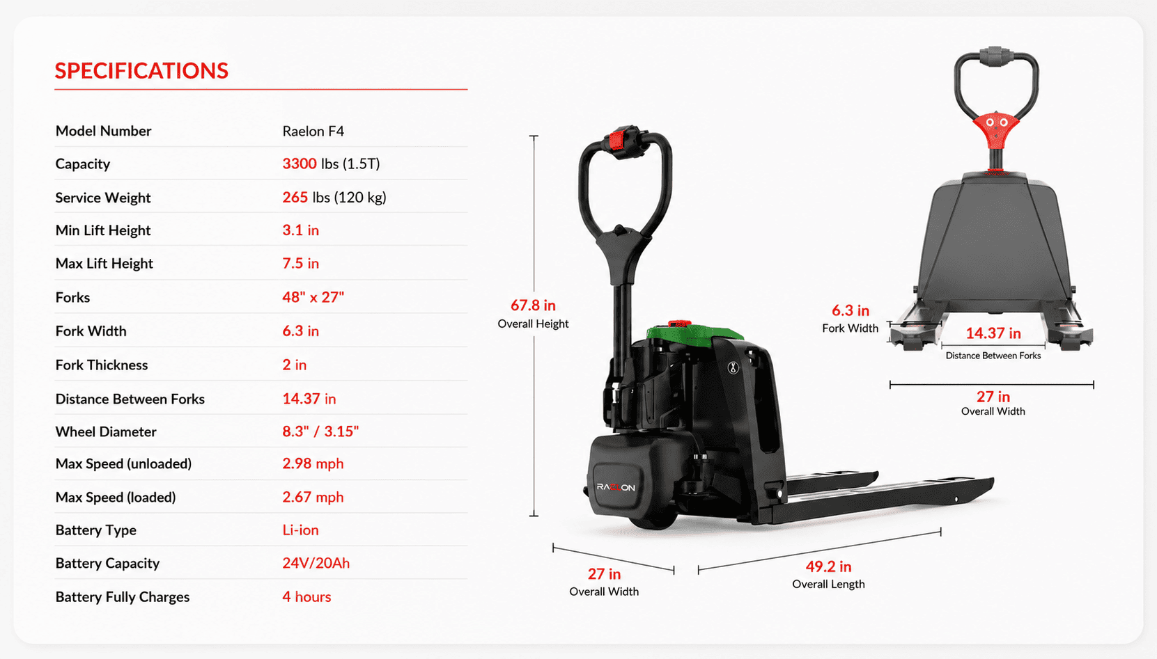 Raelon F4 electric pallet jack specifications dimensions and technical details