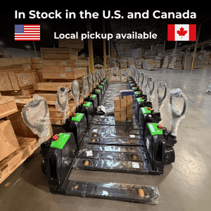 Raelon F4 electric pallet jacks in stock in a warehouse with local pickup available in the United States and Canada