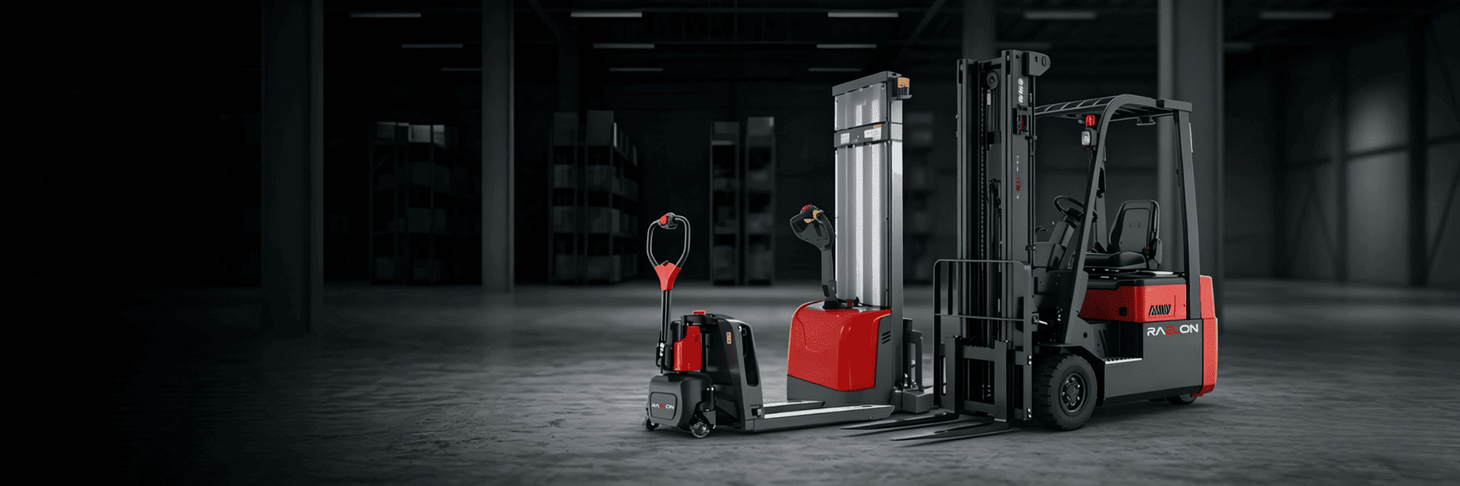 Raelon homepage banner featuring electric pallet jacks, stackers, forklifts, batteries, and warehouse equipment for the U.S. and Canada
