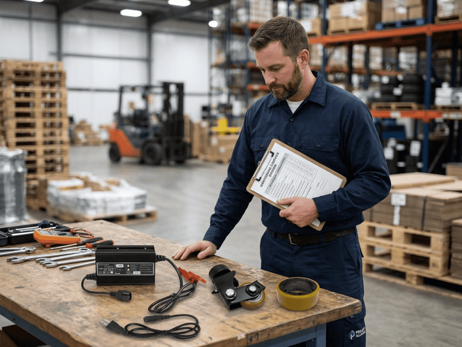 How to choose the right pallet jack part, including battery, charger, wheel, and replacement component details