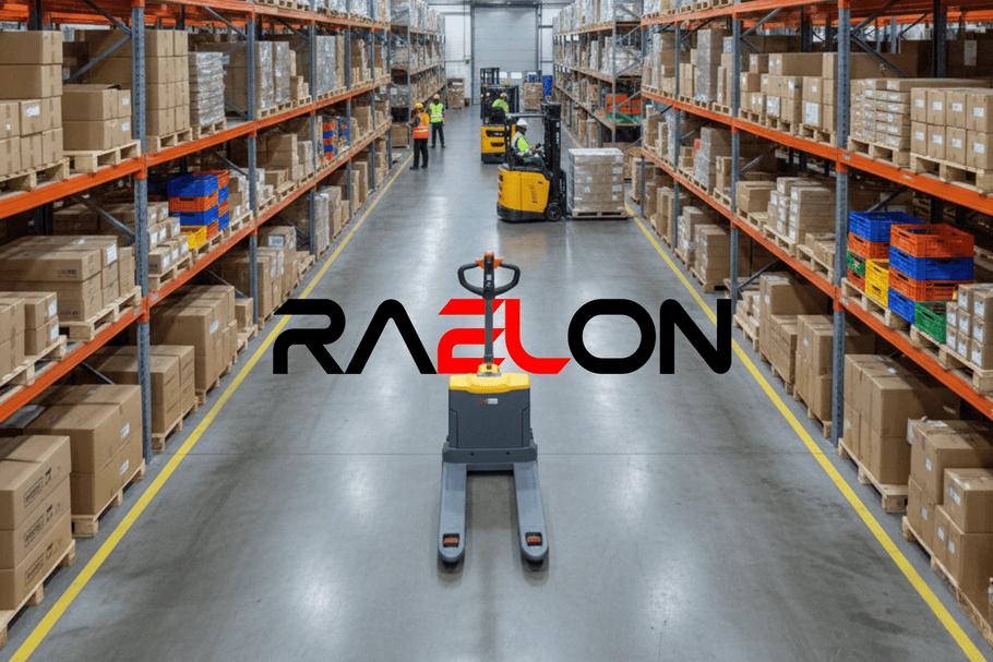 Raelon warehouse aisle with electric pallet jack, shelving, and material handling equipment for U.S. and Canada operations