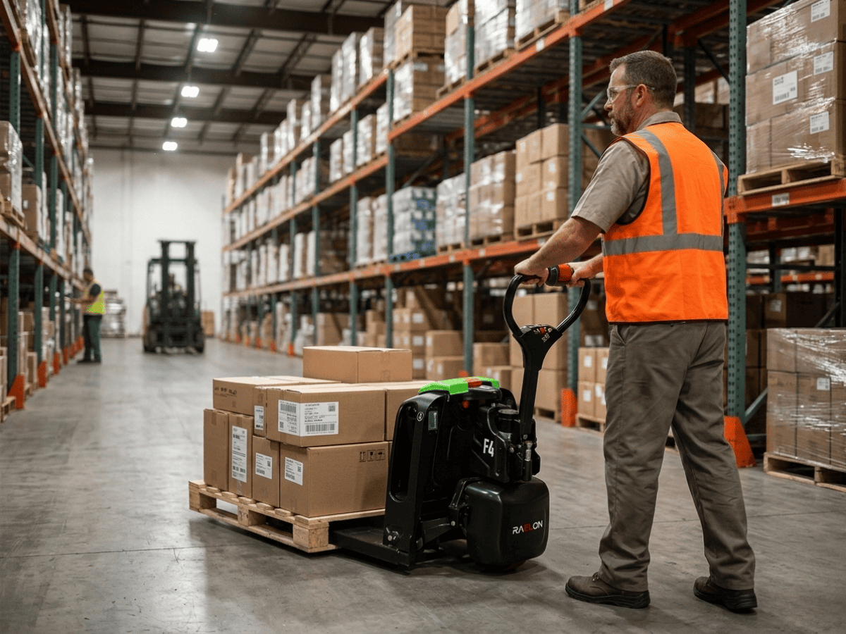 Raelon F4 electric pallet jack moving a pallet in a warehouse