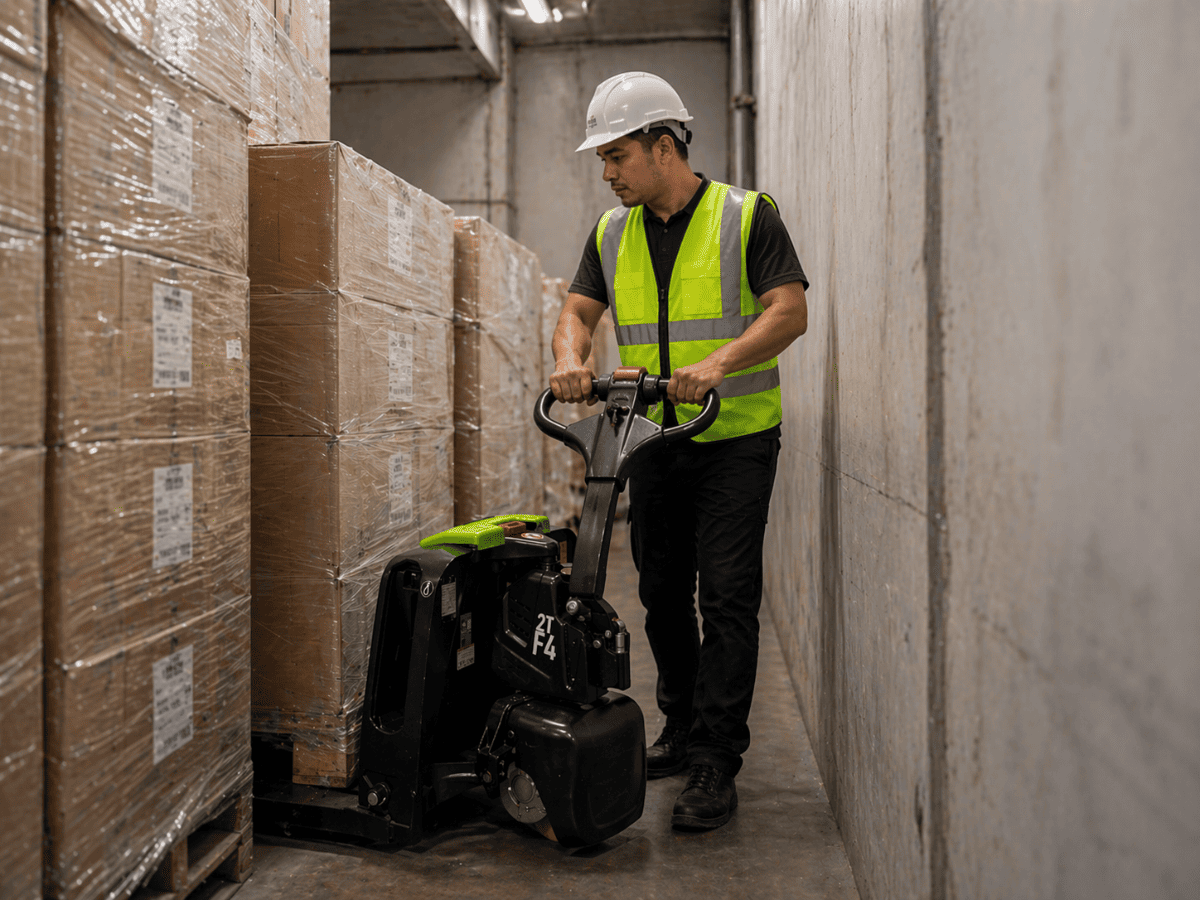 Raelon F4-201 operating in a narrow warehouse aisle